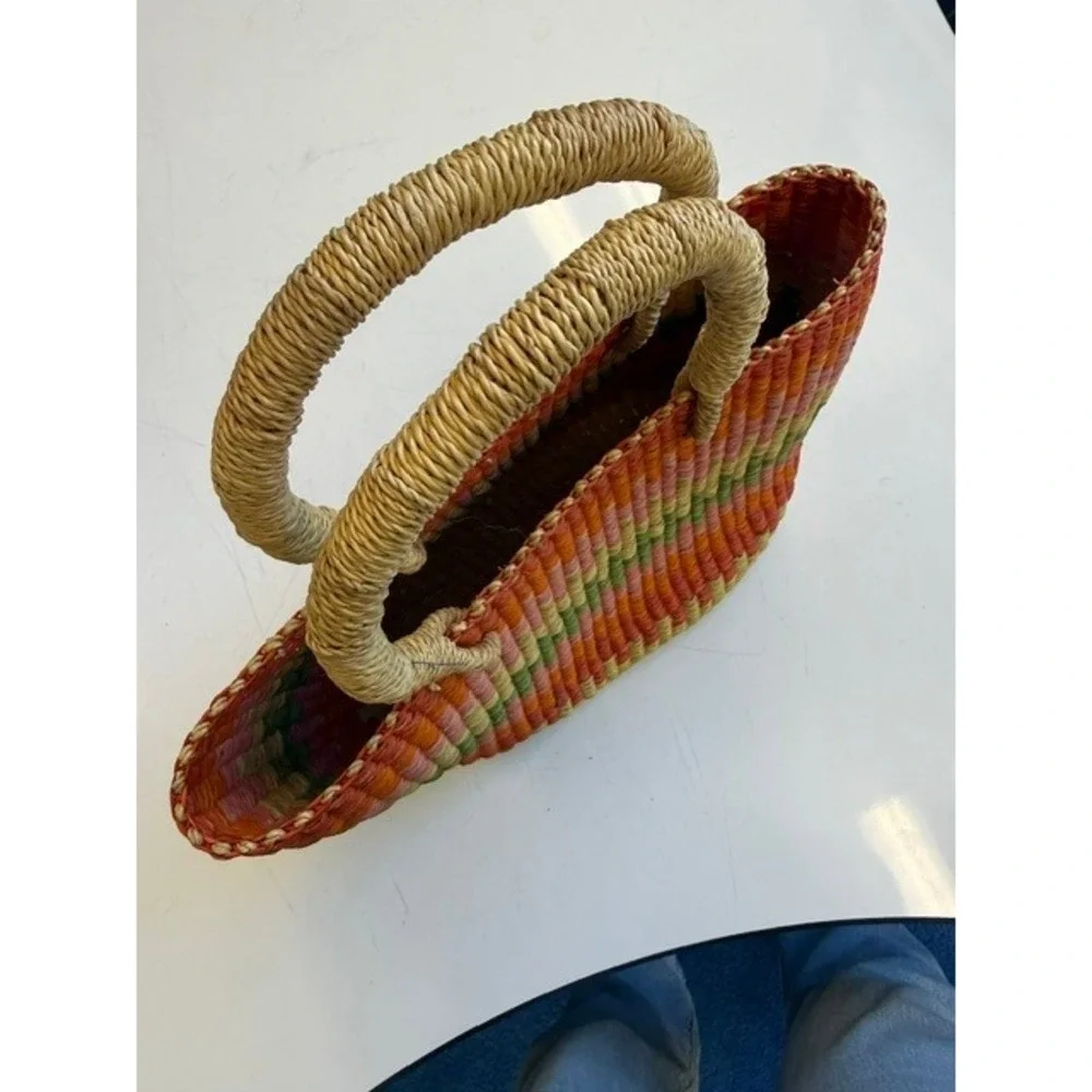 Vintage Bolga Basket Bag Multicolor Woven Tote Raffia Tassel Ghana 1970s Boho